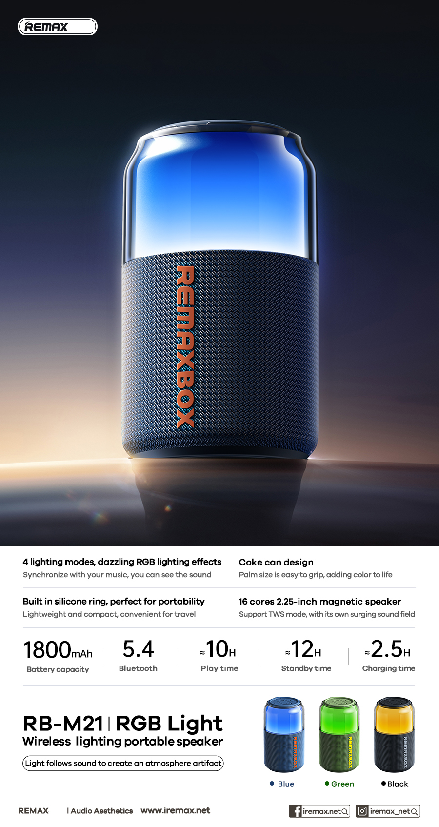 Loa bluetooth REMAX Rb-M21 mẫu loa tròn với viên pin 1800mAh kèm đèn led siêu đẹp