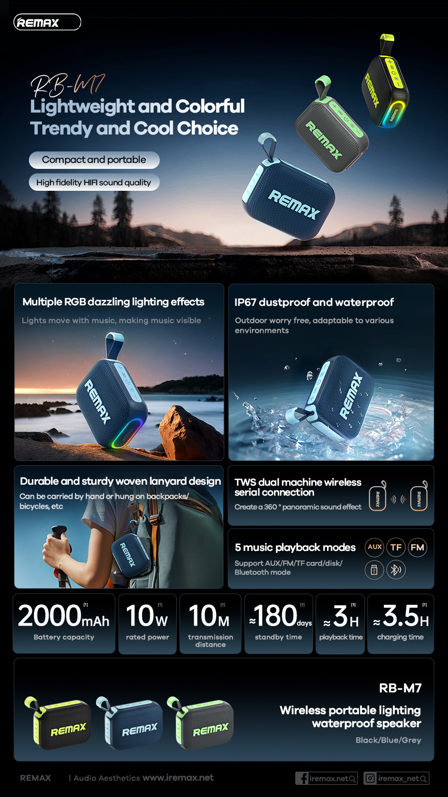 Loa bluetooth REMAX RB-M7 công suất 10w pin 2000mAh siêu trâu có móc siêu đẹp [Bh 1 Năm]