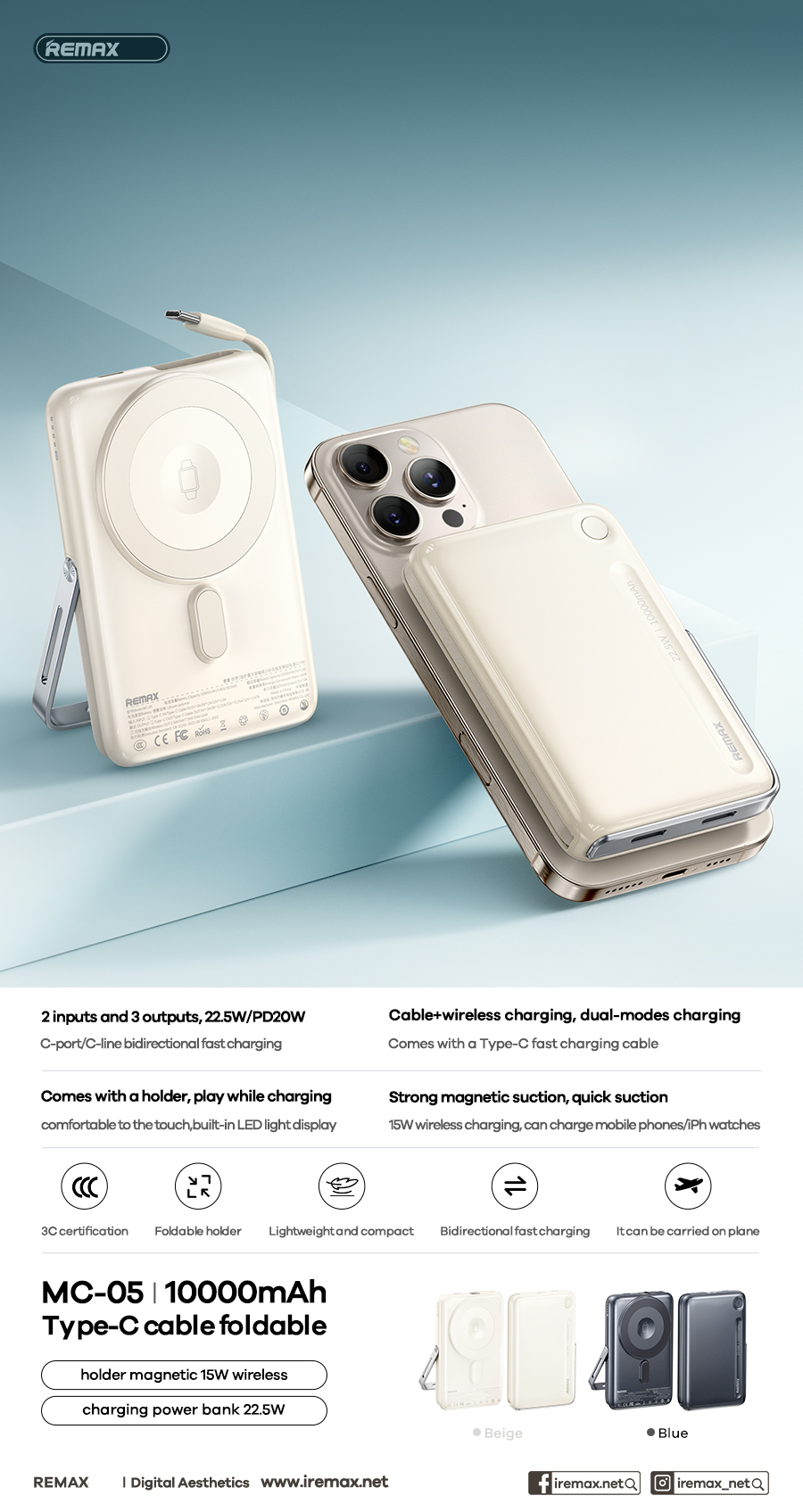 Pin sạc dự phòng REMAX MC-05 10000mAh sạc kèm cáp kiêm sạc không dây magnetic sạc nhanh QC3.0+15W+22.5W
