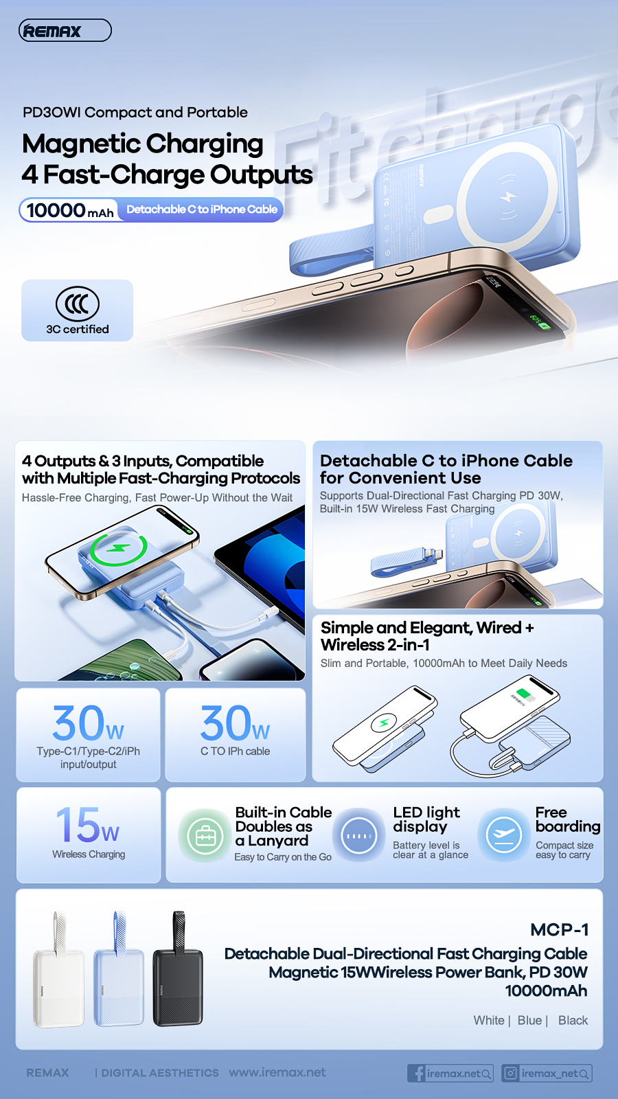 Pin sạc nhanh 30w không dây REMAX MCP-1 10.000mAh dự phòng có sạc không dây Magnetic kèm móc treo siêu đẹp [BH 1 Năm]