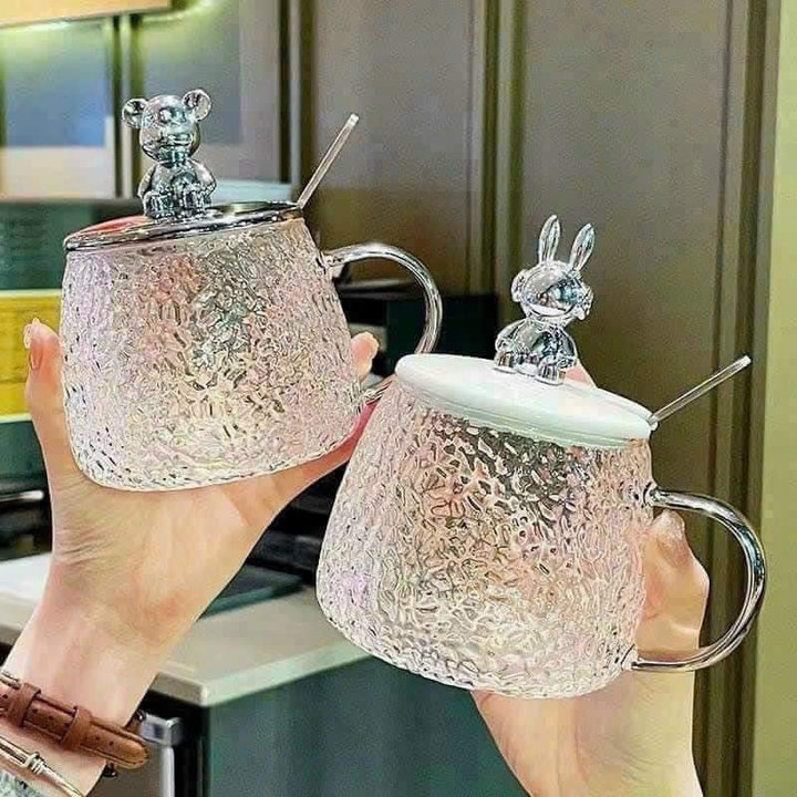 Ly đựng nước thuỷ tinh nắp gấu kèm muỗng / ống hút 500ml siêu sang [BH: NONE]