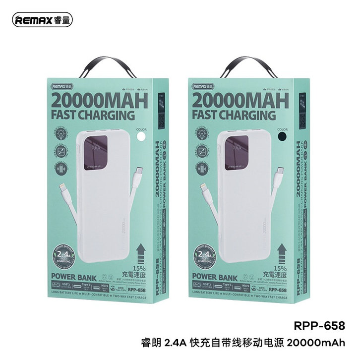 Pin sạc dự phòng Remax RPP-658 20.000mAh kèm cáp liền pin 2.4A chính hãng [BH 1 năm]