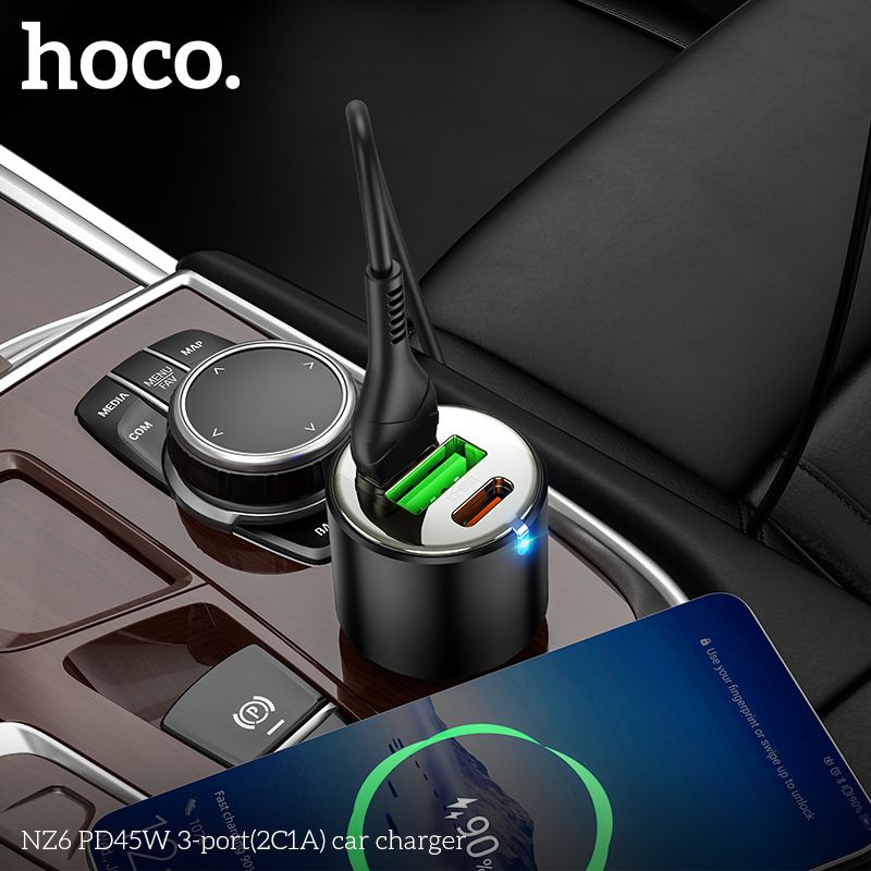 Cóc sạc nhanh xe hơi 45w HOCO NZ6 (1 cổng usb, 2 cổng type-c) chính hãng [BH 1 năm]