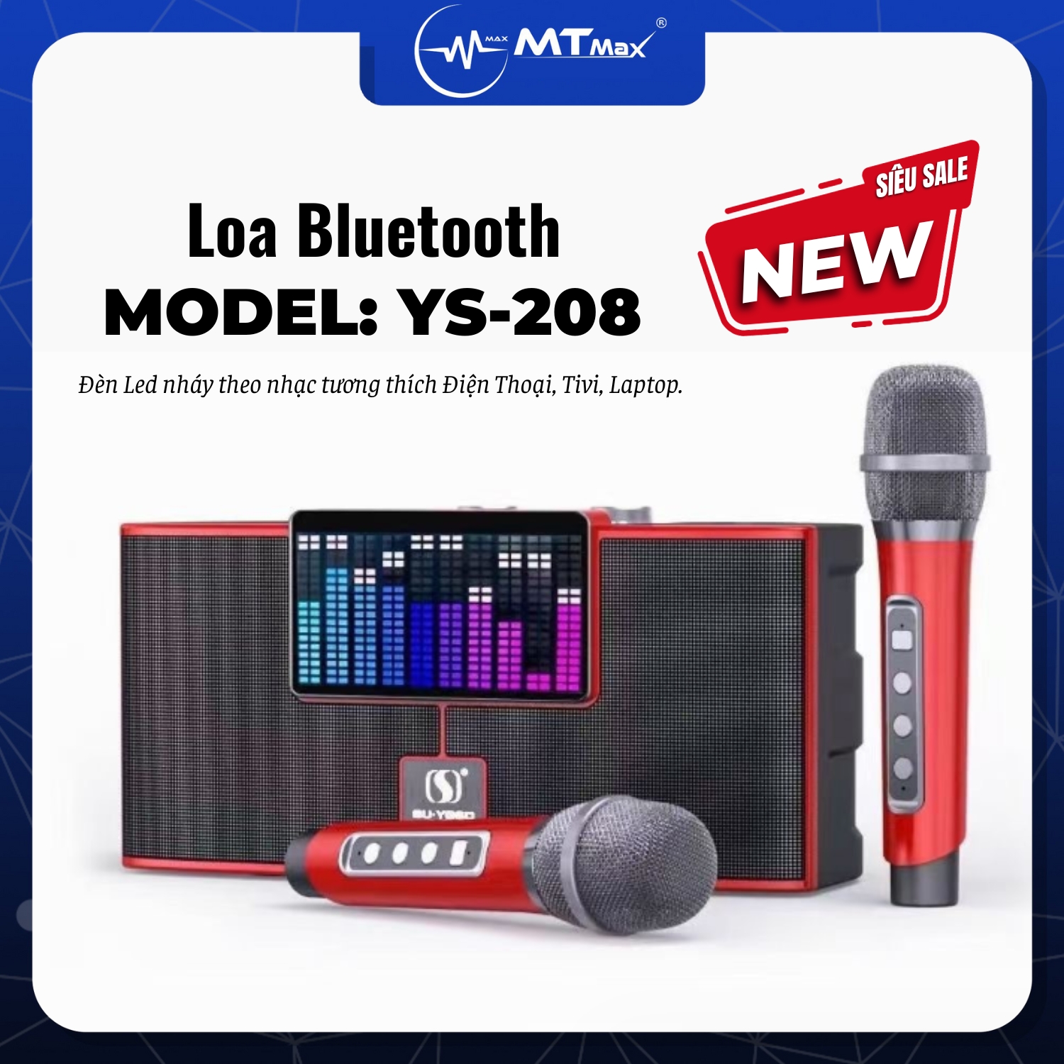 Loa bluetooth karaoke YOSD YS-208 150w kèm 2 micro không dây có đèn led RGB 7 màu siêu đẹp cực hay xách tay chính hãng [BH 6 tháng]