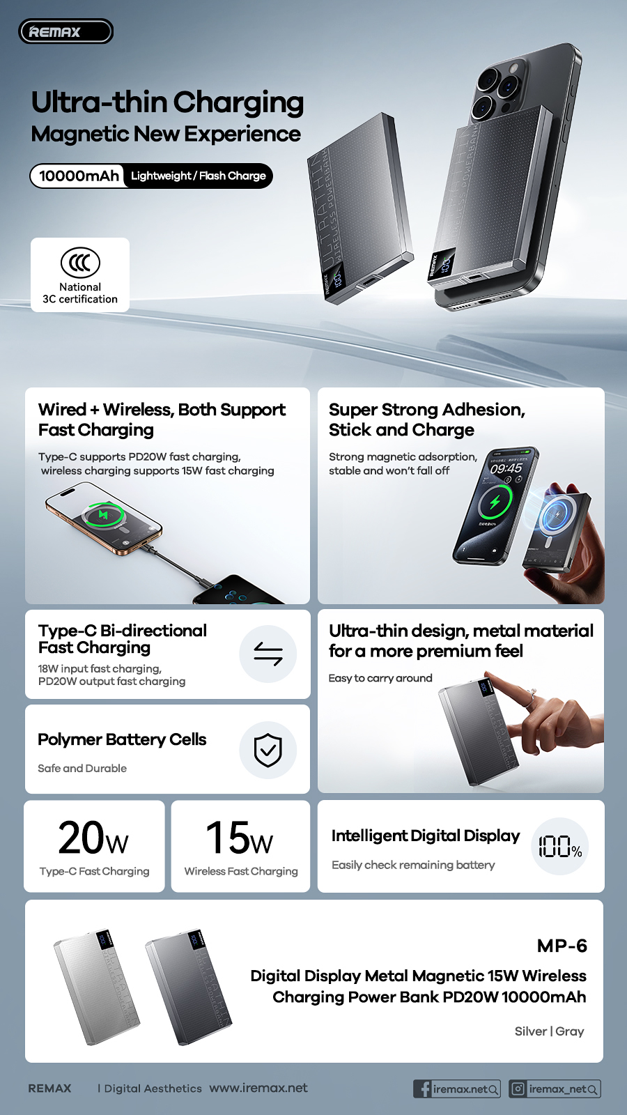 Pin sạc nhanh 20w không dây REMAX MP-6 10.000mAh dự phòng chính hãng [BH 1 Năm]