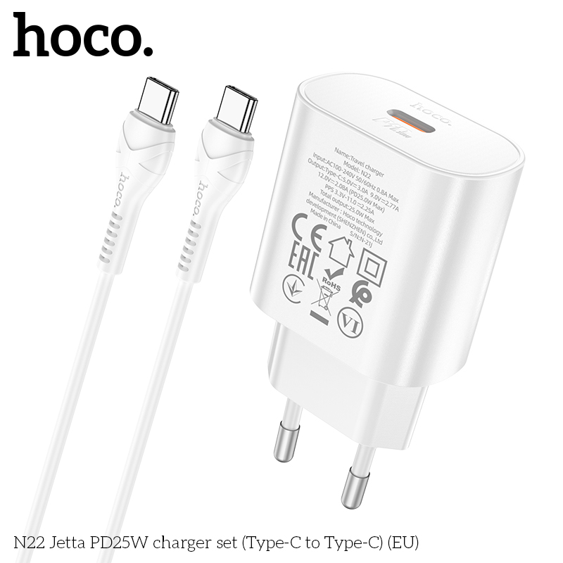 Bộ sạc nhanh PD25W Hoco N22 type c ( cóc 1 cổng type c + cáp 2 đầu type c) chính hãng [BH: 1 NĂM]