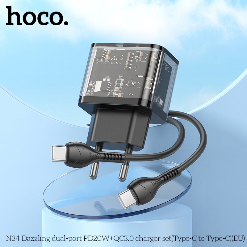 Bộ sạc nhanh PD20W Hoco N34 Type C [cóc 2 cổng TRONG SUỐT lộ mạch (1 cổng usb+ 1 cổng type c), cáp type c ra type C (C-C)] chính hãng [BH: 1 NĂM]