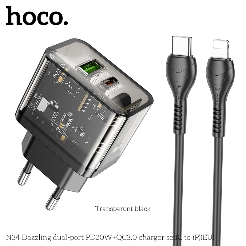 Bộ sạc nhanh 20W Hoco N34 (c-l) [cóc 2 cổng TRONG SUỐT lộ mạch (1 cổng usb+ 1 cổng type c), cáp type c ra iphone lightning (c-l)] chính hãng [BH: 1 NĂM]