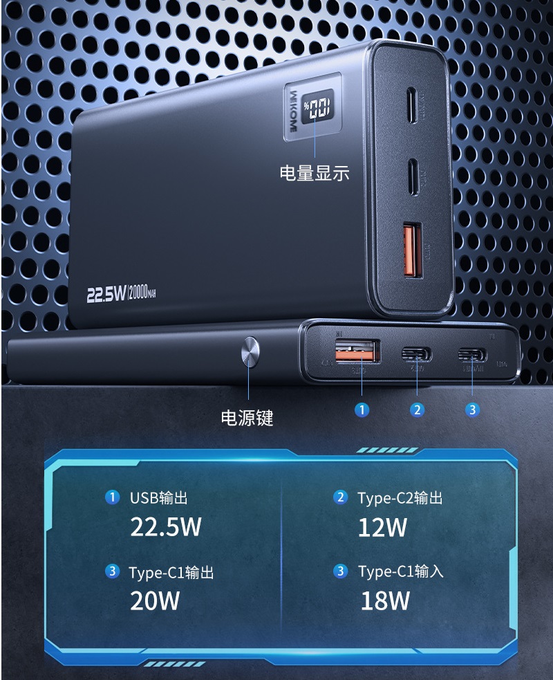 Pin sạc dự phòng 22.5W WEKOME WP-06, dung lượng 20.000mAh có màn hình thiển thị % pin [BH: 6 THÁNG]