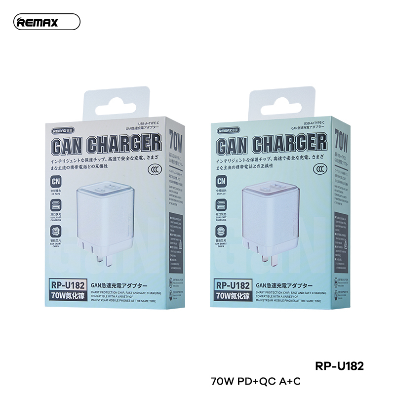 Cóc sạc nhanh 70w REMAX RP-U182 CN GAN (1 cổng type-c vs 1 cổng usb) sạc điện thoại, laptop chính hãng [BH 1 năm]