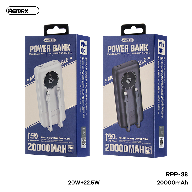 Pin sạc nhanh 22.5W Remax RPP-38, dung lượng 20.000mAh, kèm 2 cáp liền thân, có màn hình led hiển thị % pin chính hãng [BH: 1 NĂM]