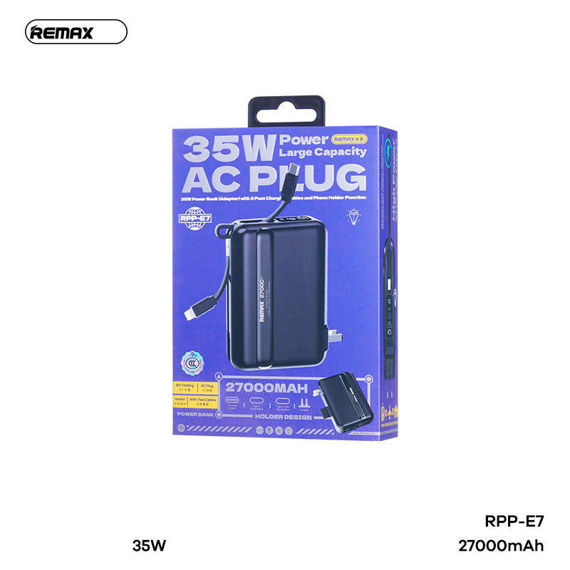 Pin sạc nhanh 35w REMAX RPP-E7 27.000mAh (sạc được laptop, điện thoại) có chui ghim sạc ổ điện, kèm cáp liền pin chính hãng [BH 1 năm]