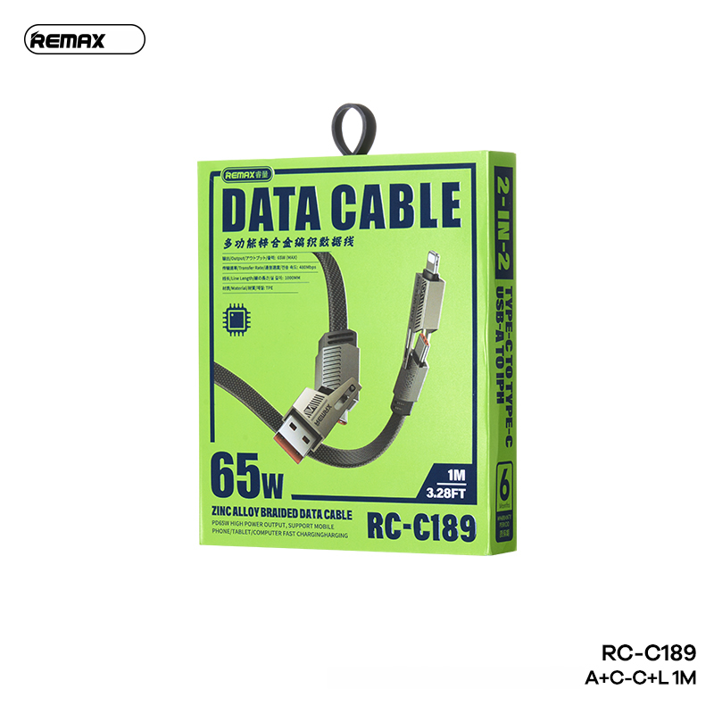 Cáp sạc nhanh 65w REMAX RC-C189 1.2m 4 đầu đa năng 4in1 chính hãng [BH 1 năm] (usb ra iphone, usb ra type-c, typec ra lightning, 2 đầu type c)