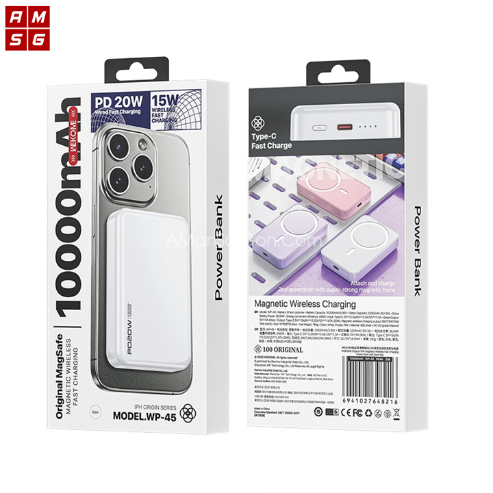 Sạc dự phòng nhanh KHÔNG DÂY PD20W Wekome WP-45 dung lượng 10.000mAh [BH: 12 THÁNG]