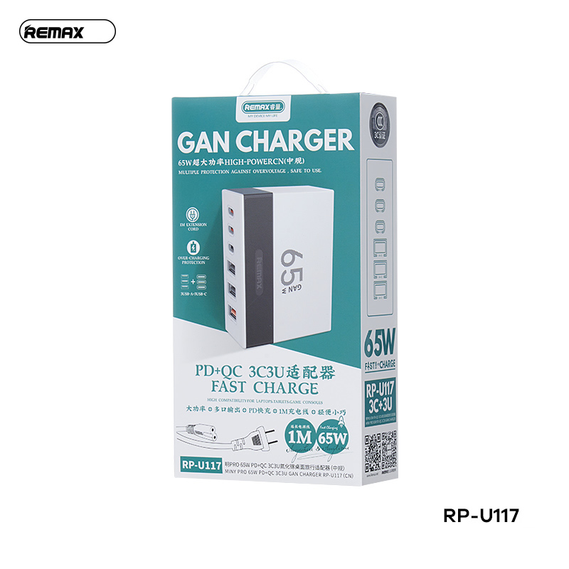 Cóc sạc nhanh 65W Remax RP-U17 CN dây nguồn dài 1m, 6 Cổng ( 3 Type C PD65W+ 3 Cổng USB QC3.0) Chính hãng [BH: 1 NĂM]