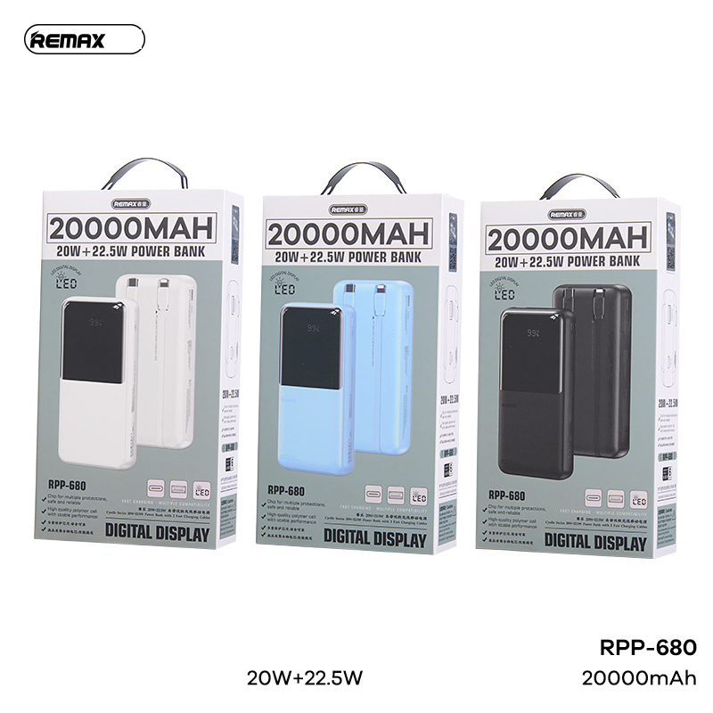Pin sạc nhanh 22.5w REMAX RPP-680 20.000mAh dự phòng có màn hình LCD chính hãng (kèm cáp liền pin type-c + ip) chính hãng [BH 1 Năm]