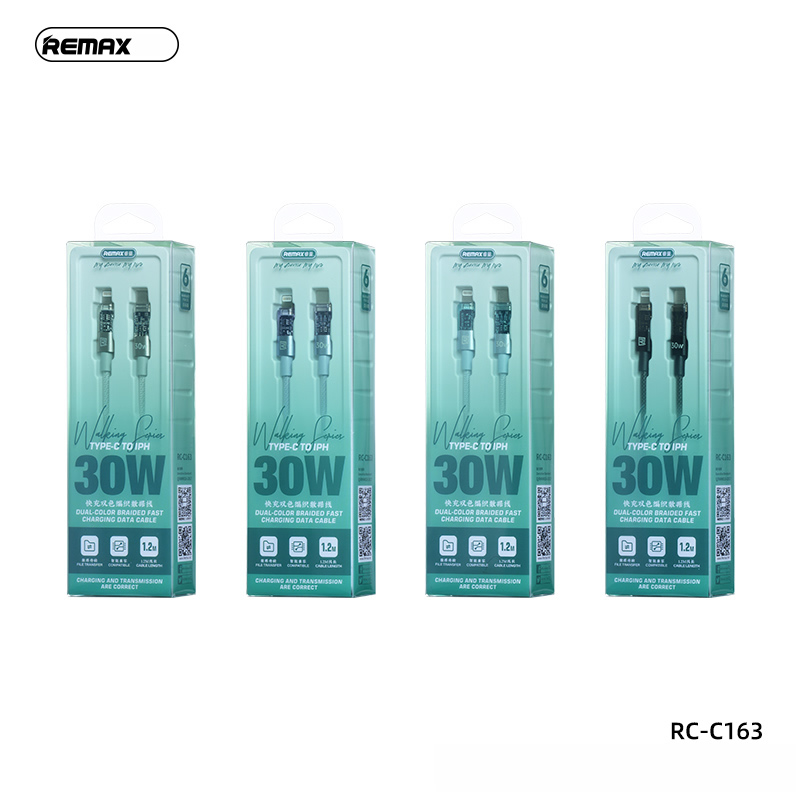 Cáp sạc nhanh 30W REMAX RC-C163 (c-l 1.2m) type c ra iphone lightning dây dù chính hãng [BH 1 năm]