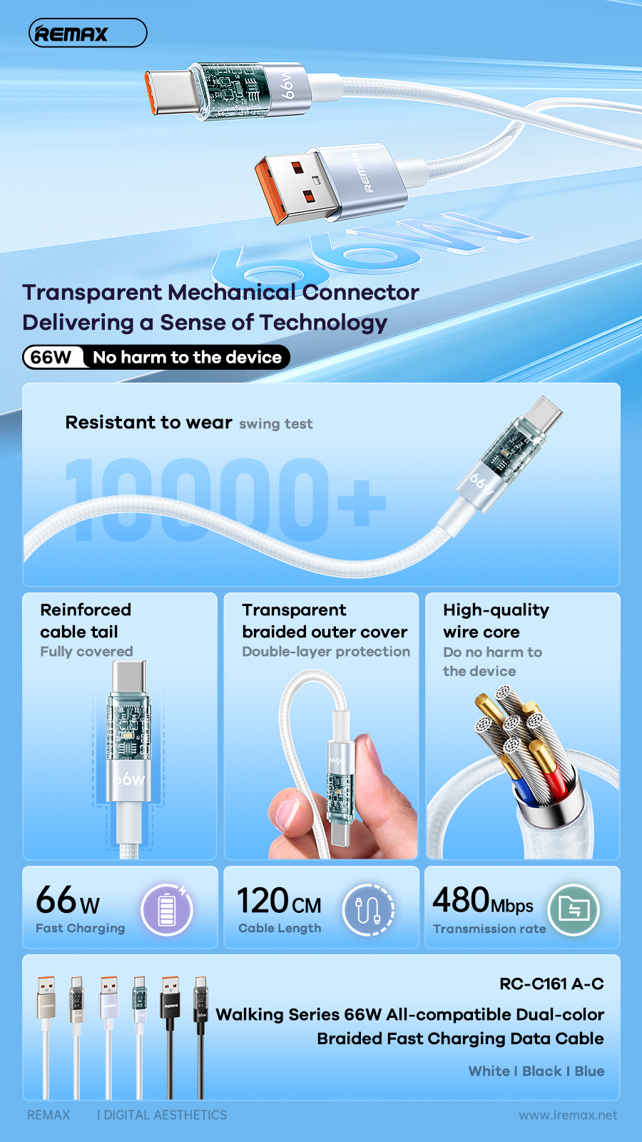 Cáp sạc nhanh 66W REMAX RC-C161 (usb ra Type C) dây dù chính hãng [BH 1 năm]