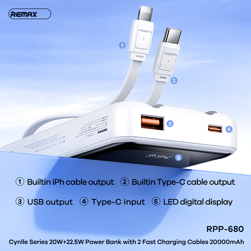 Pin sạc nhanh 22.5w REMAX RPP-680 20.000mAh dự phòng có màn hình LCD chính hãng (kèm cáp liền pin type-c + ip) chính hãng [BH 1 Năm]