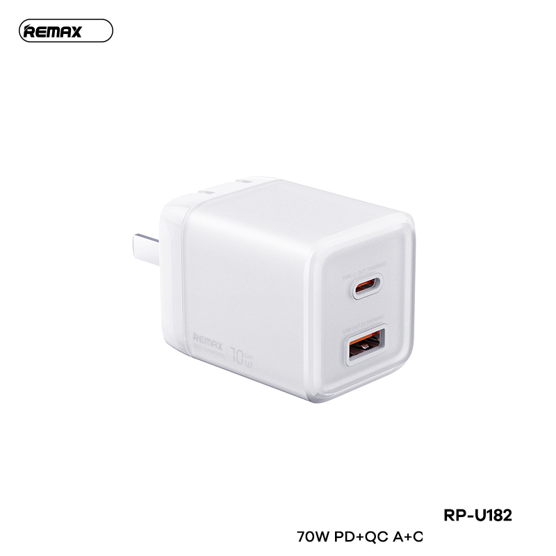 Cóc sạc nhanh 70w REMAX RP-U182 CN GAN (1 cổng type-c vs 1 cổng usb) sạc điện thoại, laptop chính hãng [BH 1 năm]