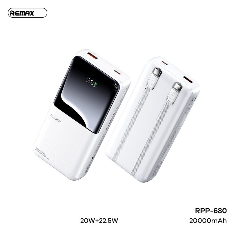 Pin sạc nhanh 22.5w REMAX RPP-680 20.000mAh dự phòng có màn hình LCD chính hãng (kèm cáp liền pin type-c + ip) chính hãng [BH 1 Năm]