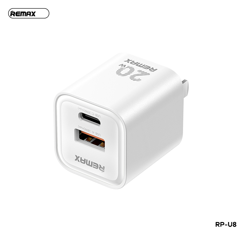 Cóc sạc nhanh 20w REMAX RP-U8 CN GAN (1 cổng type-c vs 1 cổng usb) chính hãng [BH 1 năm]