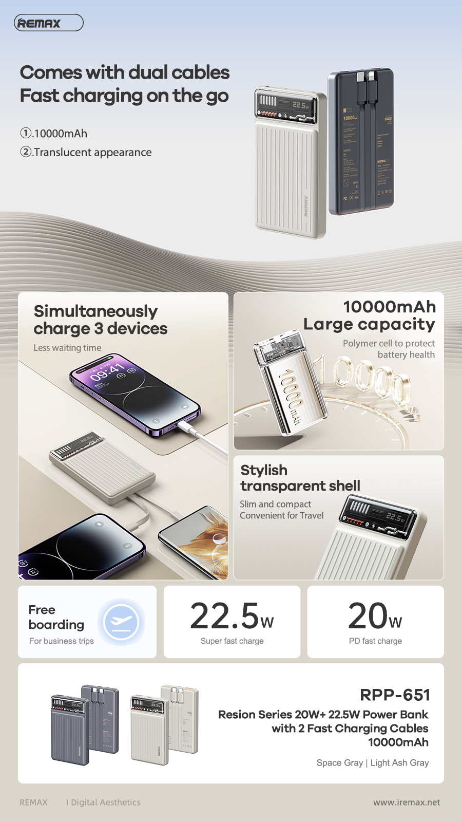 Pin sạc nhanh 22.5w Remax RPP-651 10.000mAh dự phòng kèm cáp sạc liền pin PD QC3.0 chính hãng [BH: 1 năm]