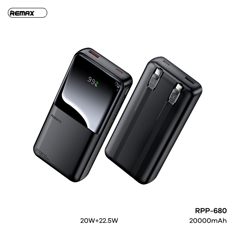 Pin sạc nhanh 22.5w REMAX RPP-680 20.000mAh dự phòng có màn hình LCD chính hãng (kèm cáp liền pin type-c + ip) chính hãng [BH 1 Năm]