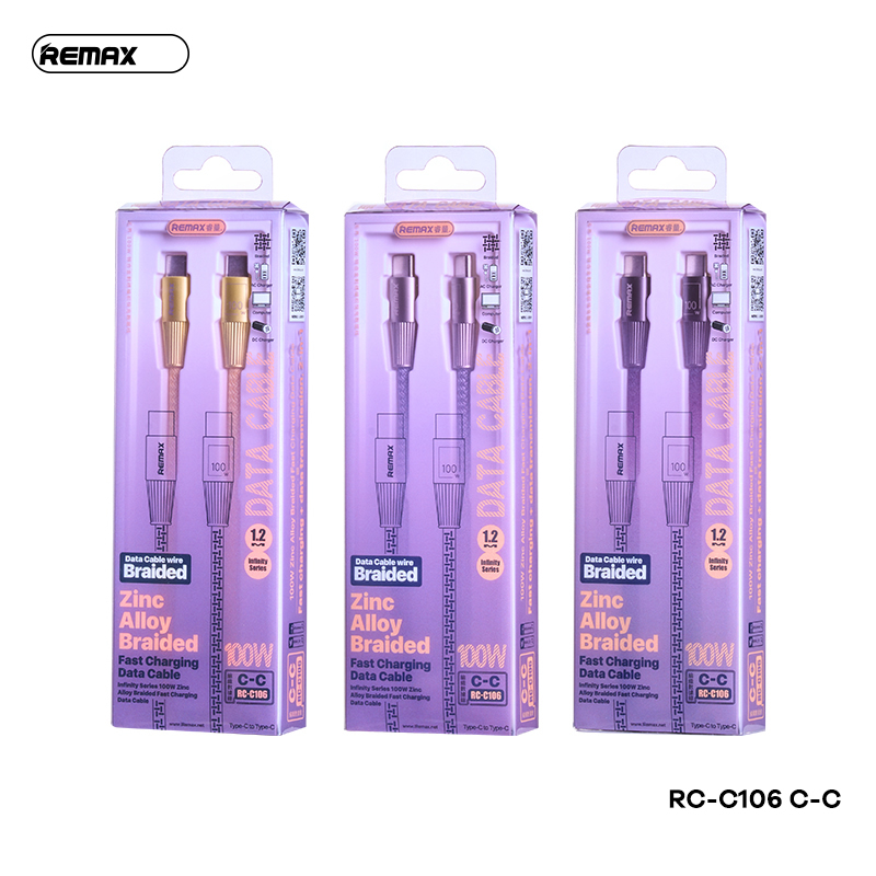Cáp sạc nhanh 100W REMAX RC-C106 (c-c) 2 đầu Type-C ra TypeC dây dù chính hãng [BH 1 năm]