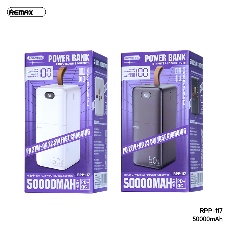 Pin sạc nhanh 27W Remax RPP-117 50.000mAh dự phòng có led hiển thị QC3.0+PD 22.5w chính hãng [BH: 1 năm]