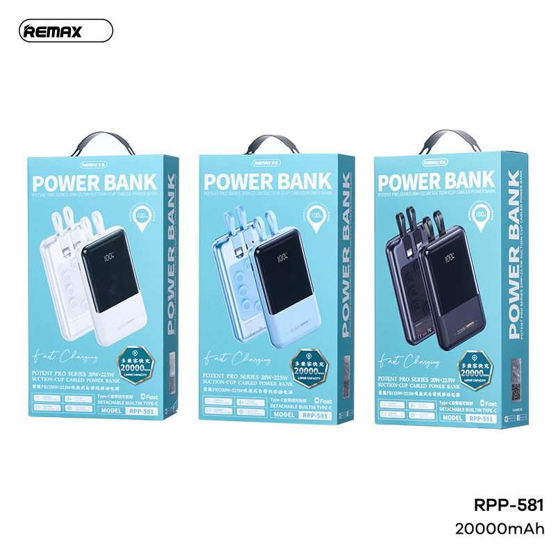 Pin sạc nhanh 22.5w Remax RPP-581, dung lượng 20.000mAh QC3.0+ PD22.5W kèm cáp liền pin đế hít, có màn hình led hiển thị chính hãng [BH: 1 NĂM]