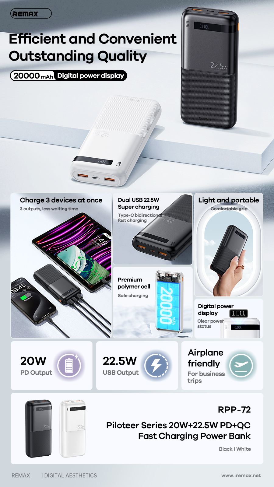 Pin sạc nhanh 22.5w Remax Rpp-72 dung lượng 20.000mAh QC3.0+PD25W có led hiển thị [BH: 1 NĂM]