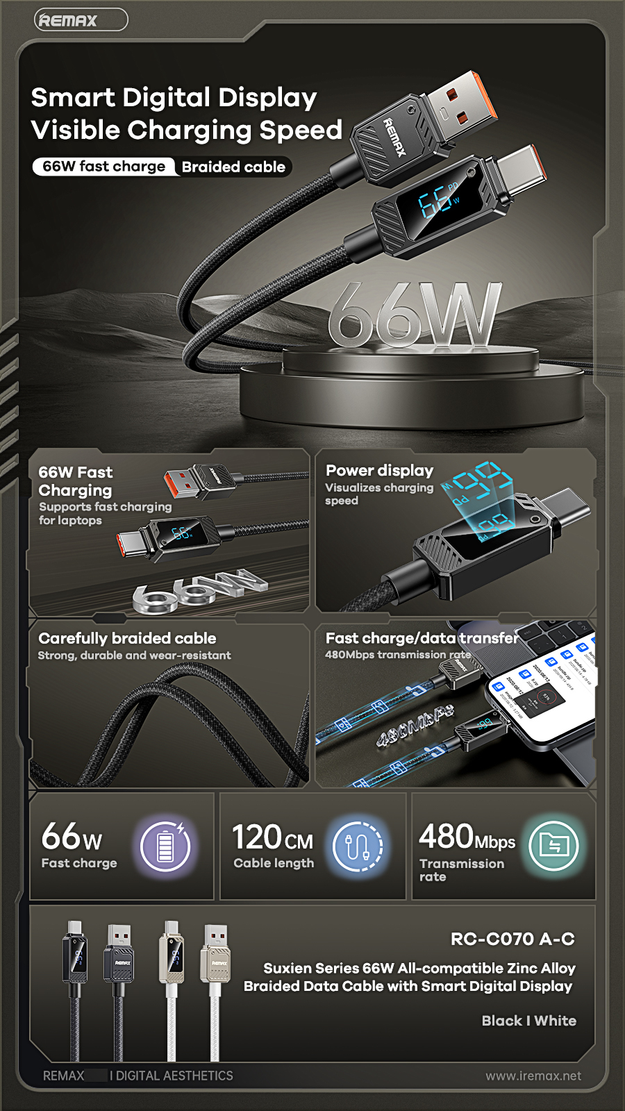 Cáp sạc nhanh 66w Remax RC-C070 usb ra Type C (a-c) dài 1.2m  chính hãng [BH: 1 năm]