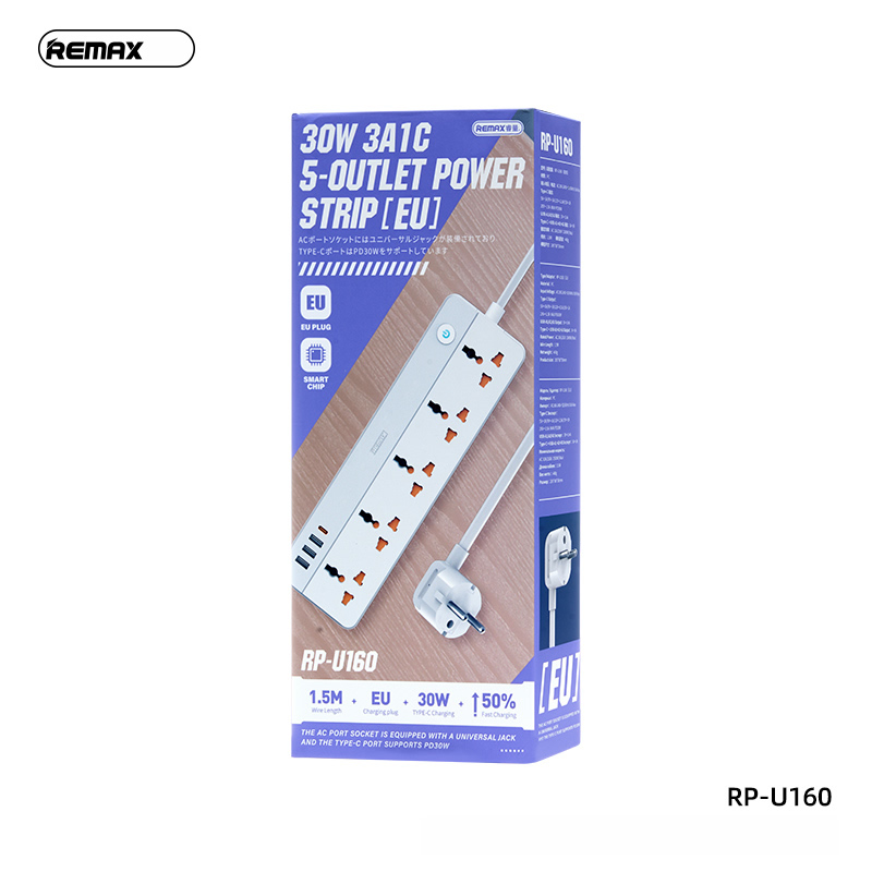 Ổ cắm điện REMAX RP-U160 (EU- Chân tròn)  sạc nhanh 30w 3 cổng usb vs 1 cổng type-c vs 5 lỗ cắm 2500w dây dài 1.5m chính hãng [BH 1 năm] 9l5c1