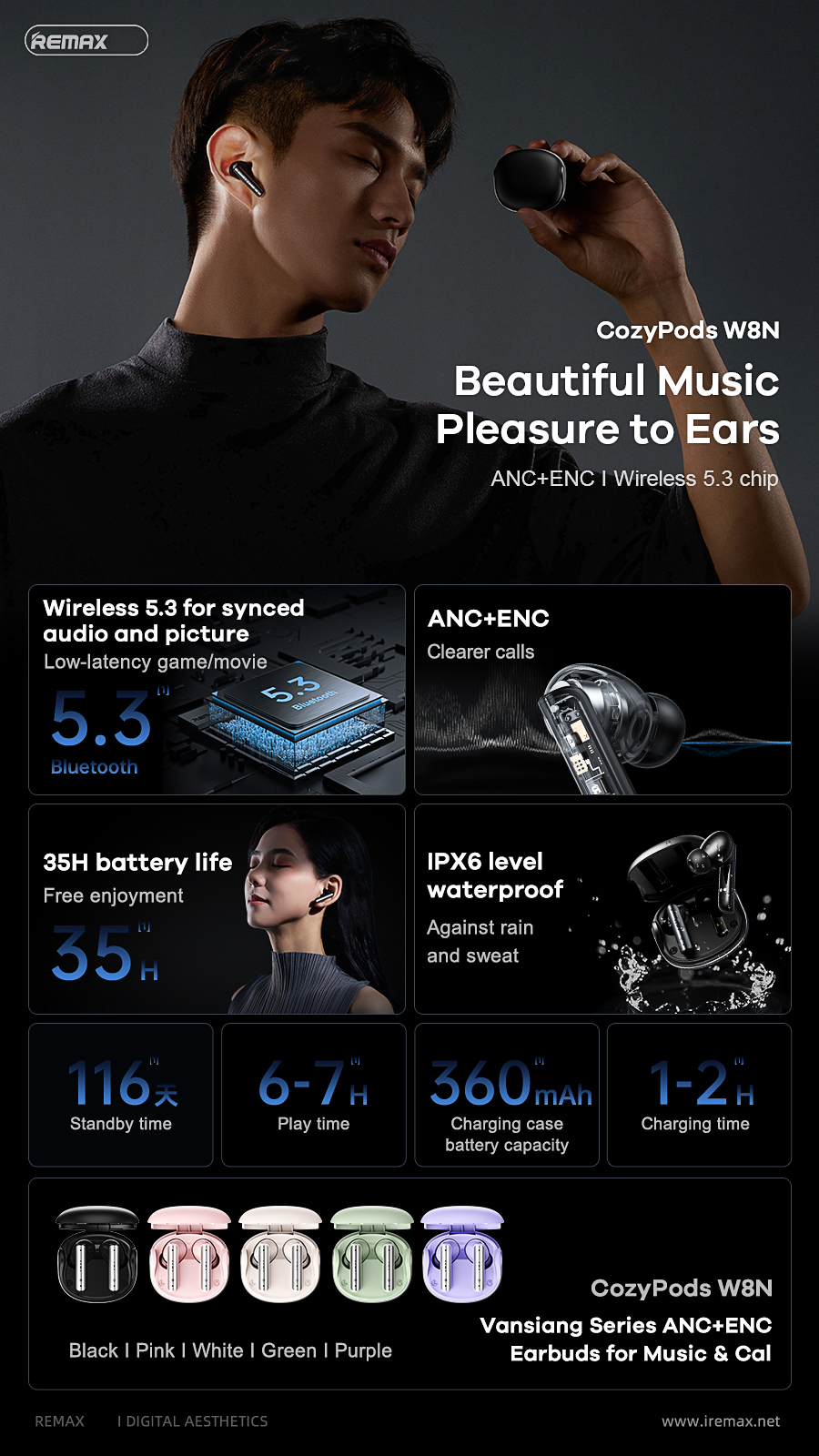 Tai nghe bluetooth REMAX COZYPODS W8N V5.3 TWS kiểu dáng airpods true wireless chính hãng [BH 1 năm]