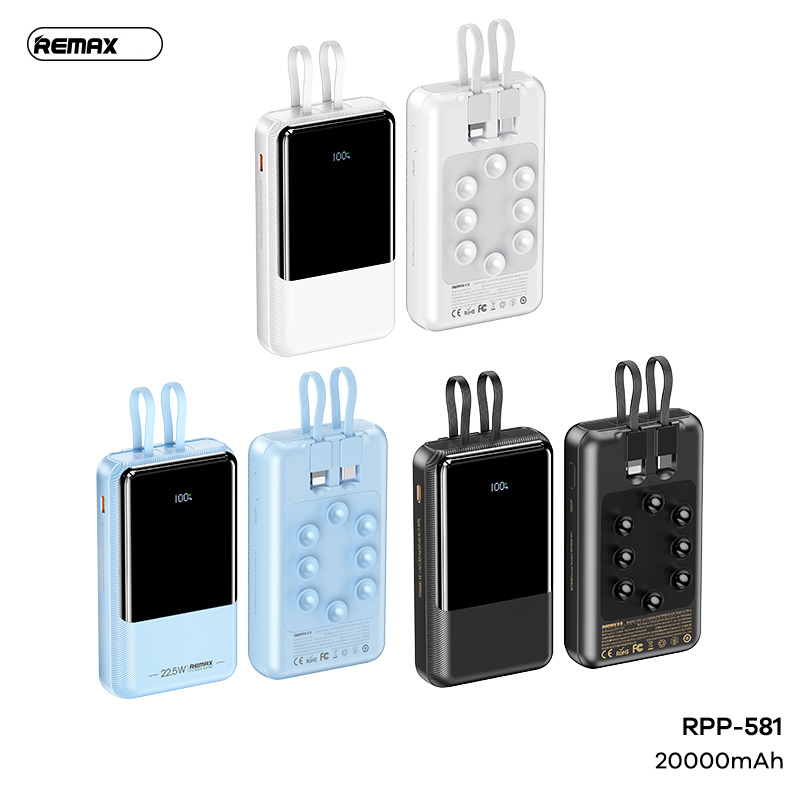 Pin sạc nhanh 22.5w Remax RPP-581, dung lượng 20.000mAh QC3.0+ PD22.5W kèm cáp liền pin đế hít, có màn hình led hiển thị chính hãng [BH: 1 NĂM]