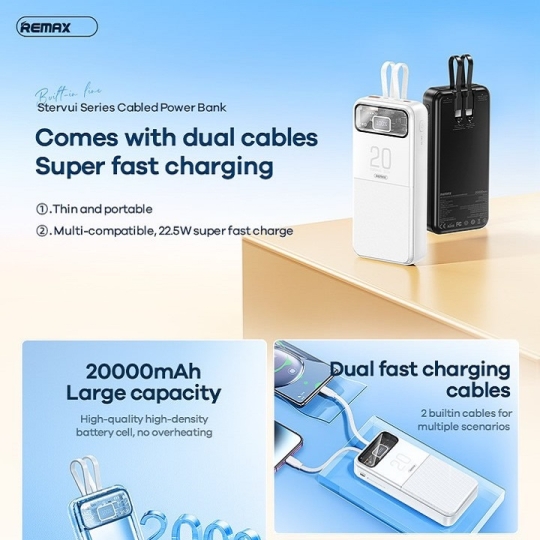 Pin sạc nhanh 22.5w Remax RPP-620 20.000mAh dự phòng PD QC3.0 chính hãng (Cổng Type-C IN)  - Kèm cáp liền pin, thiết kế lộ mạch [BH 1 năm]