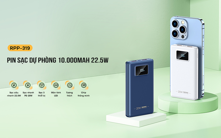 Pin sạc nhanh 22.5W REMAX RPP-319 10.000mAh dự phòng PD QC3.0 chính hãng [BH 1 năm]