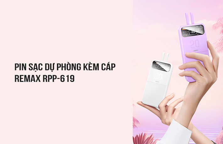 Pin sạc nhanh 22.5w Remax RPP-619 10.000mAh dự phòng PD QC3.0 chính hãng, kèm cáp liền pin, trong suốt lộ mạch [BH 1 năm]