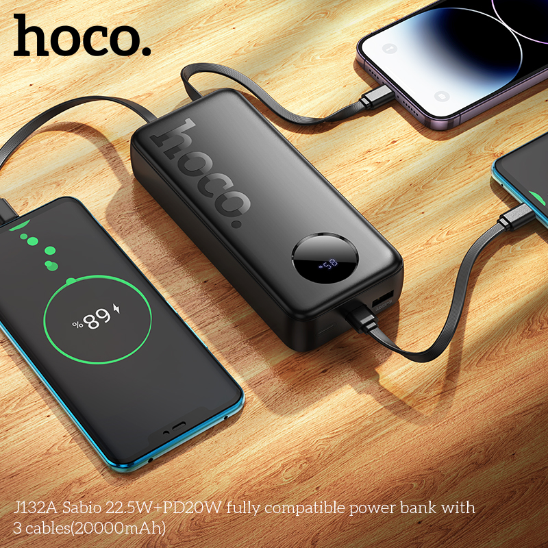 Pin sạc nhanh 22.5w HOCO J132A 20.000mAh dự phòng kèm 3 cáp liền pin có led chính hãng [BH 1 Năm]