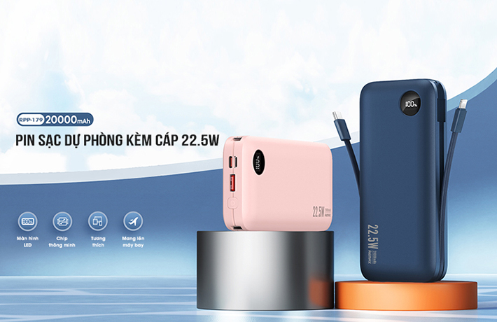 Pin sạc nhanh 22.5w Remax RPP-179 20.000mAh PD QC3.0 kèm cáp liền pin sạc dự phòng chính hãng [BH 1 năm]