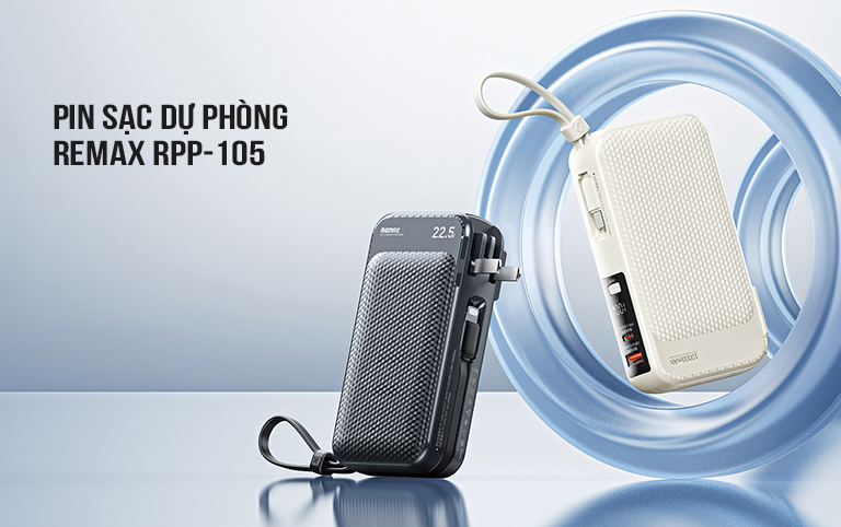 Pin sạc nhanh 22.5w REMAX RPP-105 10.000mAh dự phòng kèm cáp liền pin, sạc ổ điện chính hãng [BH 1 Năm]