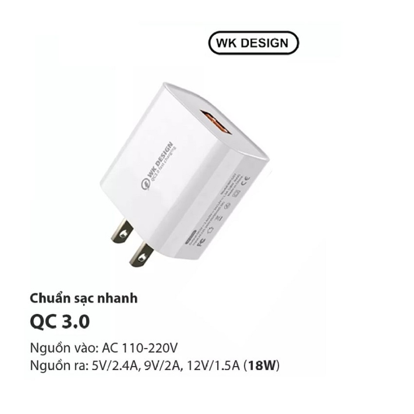 Cóc sạc nhanh 18w Wekome WP-U57 QC3.0 (1 cổng usb) chính hãng [BH 1 năm]
