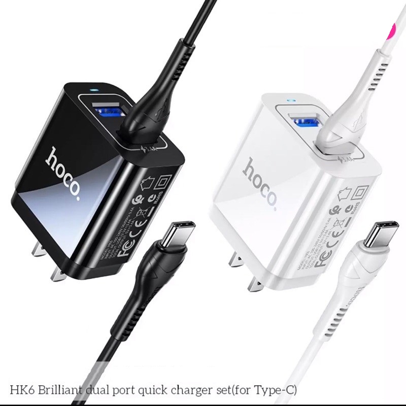 Bộ sạc nhanh HOCO HK6 chui Type C, (A-C) Cáp USB ra Type C, Cóc 2 cổng USB 3.4A chính hãng [BH 1 năm]