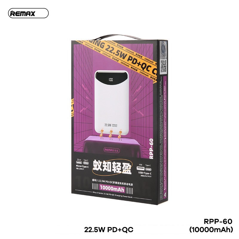 Pin sạc nhanh 22.5W REMAX RPP-60 10.000mAh dự phòng siêu mỏng gọn PD QC3.0 chính hãng [BH 1 năm]