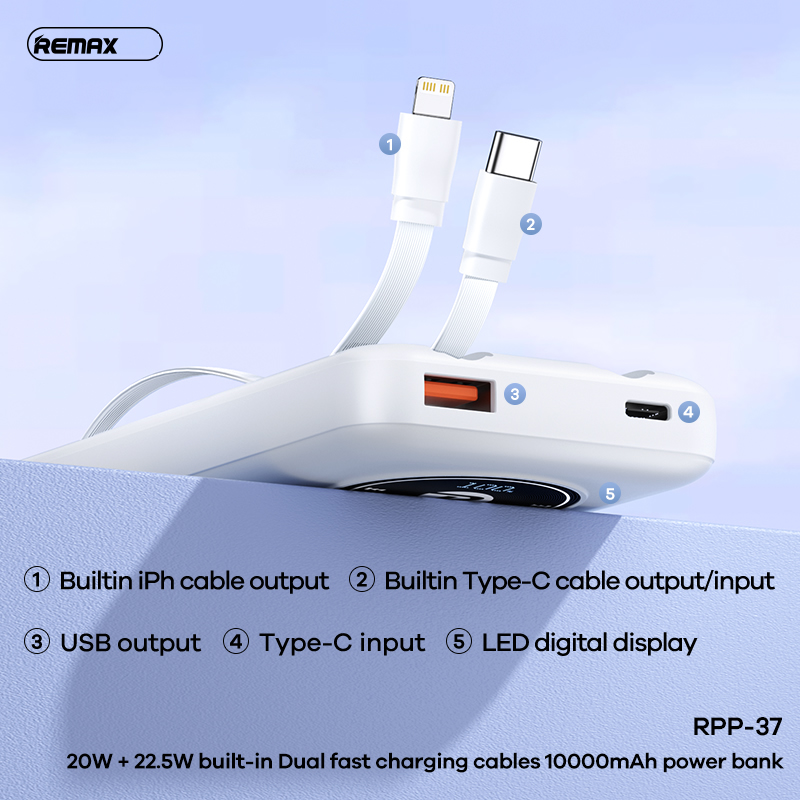 Pin sạc nhanh 22.5w REMAX RPP-37 10.000mAh dự phòng kèm cáp liền pin chính hãng [BH 1 năm]