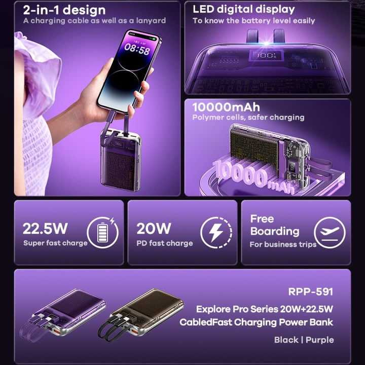 Pin sạc nhanh 22.5w REMAX RPP-591 10.000mAh dự phòng kèm cáp liền pin, trong suốt lộ mạch chính hãng - BH 1 năm