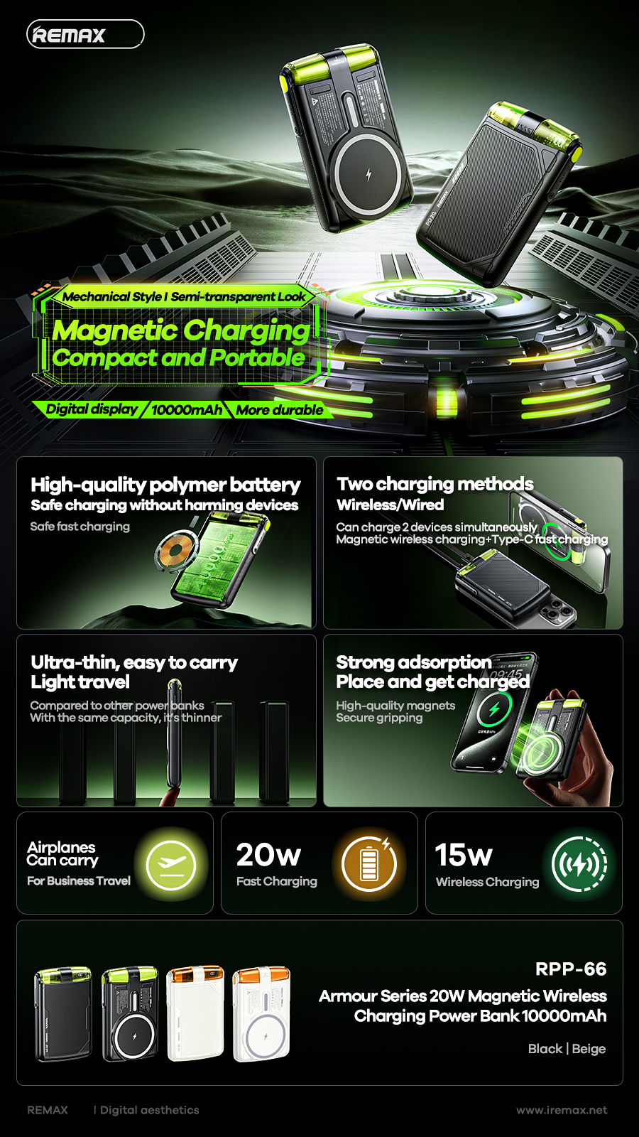 Pin sạc nhanh 20w không dây REMAX RPP-66 10.000mAh dự phòng Magnetic QC3.0+PD CHÍNH HÃNG [BH 1 năm]