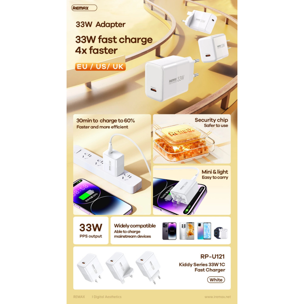 Cóc sạc nhanh 33W Remax RP-U121 EU chân Tròn 1 cổng Type C chính hãng [BH 1 Năm]