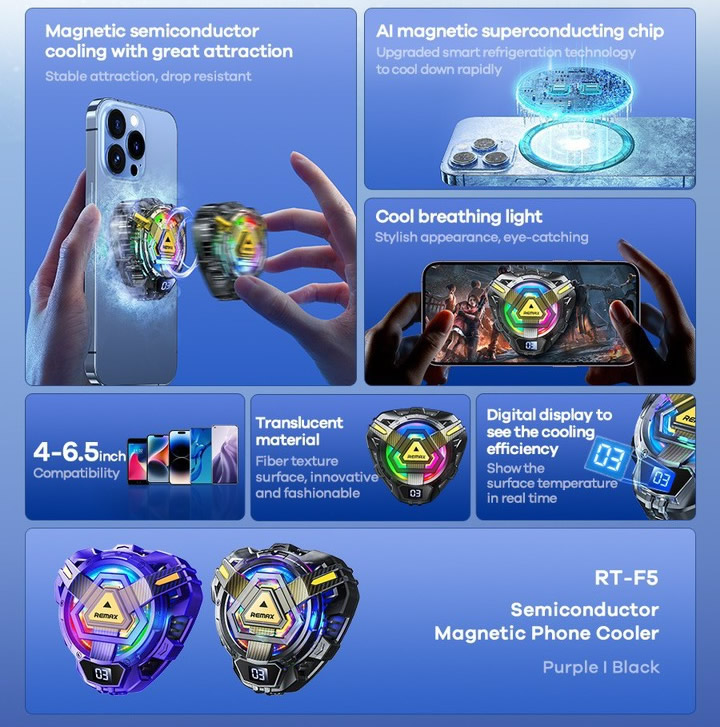 Quạt điện thoại REMAX RT-F5 tản nhiệt sò lạnh khi chơi game chính hãng [BH 1 năm]